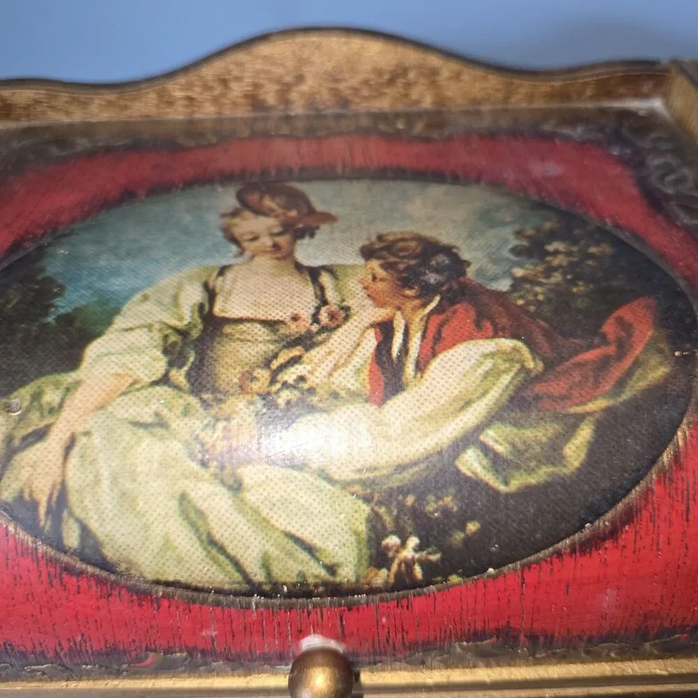 Vtg MIM Lador Japan Wooden Musical Jewelry Box Victorian Couple Sunrise Sunset
